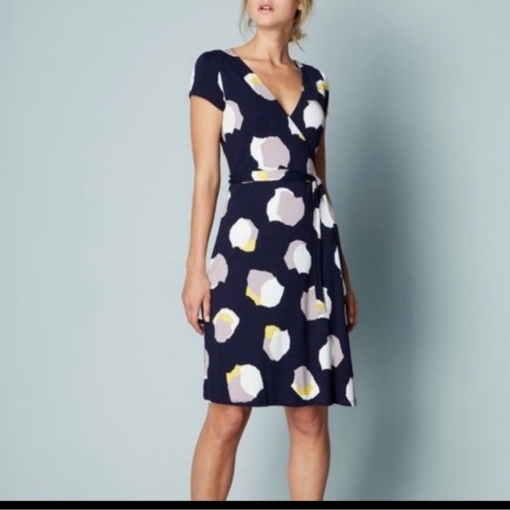 Boden Navy Wrap Dress with White, Light Pink and Yellow Floral Print
